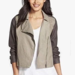 Eileen Fisher 100% Organic Linen Moto Jacket Full Front Zip Tan Brown Medium